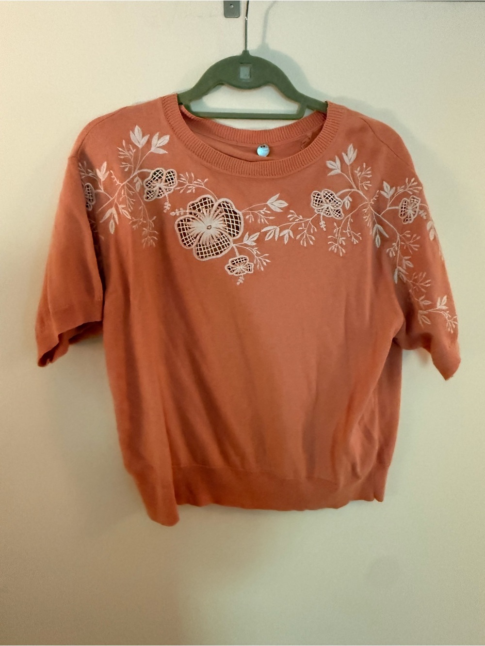 Embroidered Floral Short-Sleeve Sweater in coral salmon